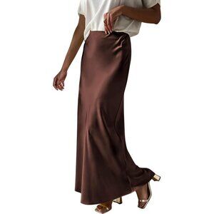 Elegant Satin Maxi Skirt for Women High Waisted Deep Brown Silk Dressy Casul